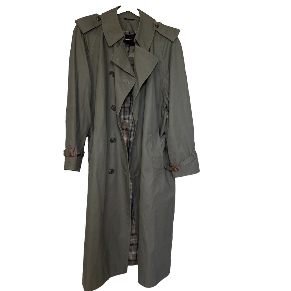 Vintage Men’s Trench Coat 42R Earthy Olive Drab Plaid Lining Saks Fifth Avenue